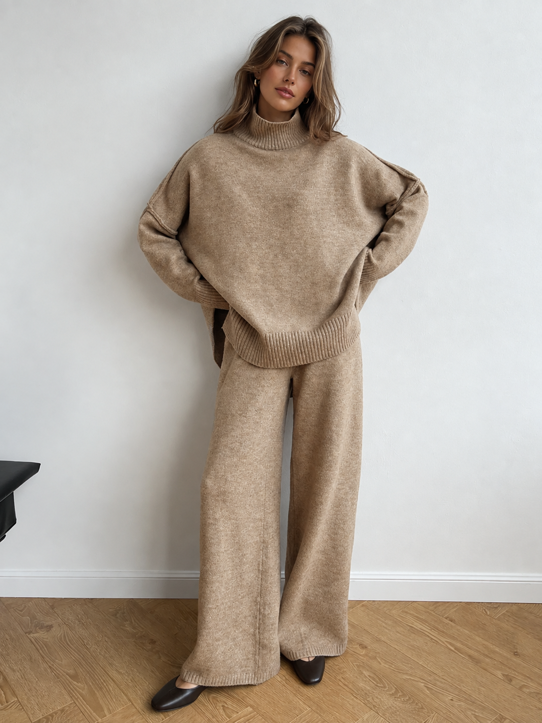 Women's plain turtleneck knit top and wide-leg pants set