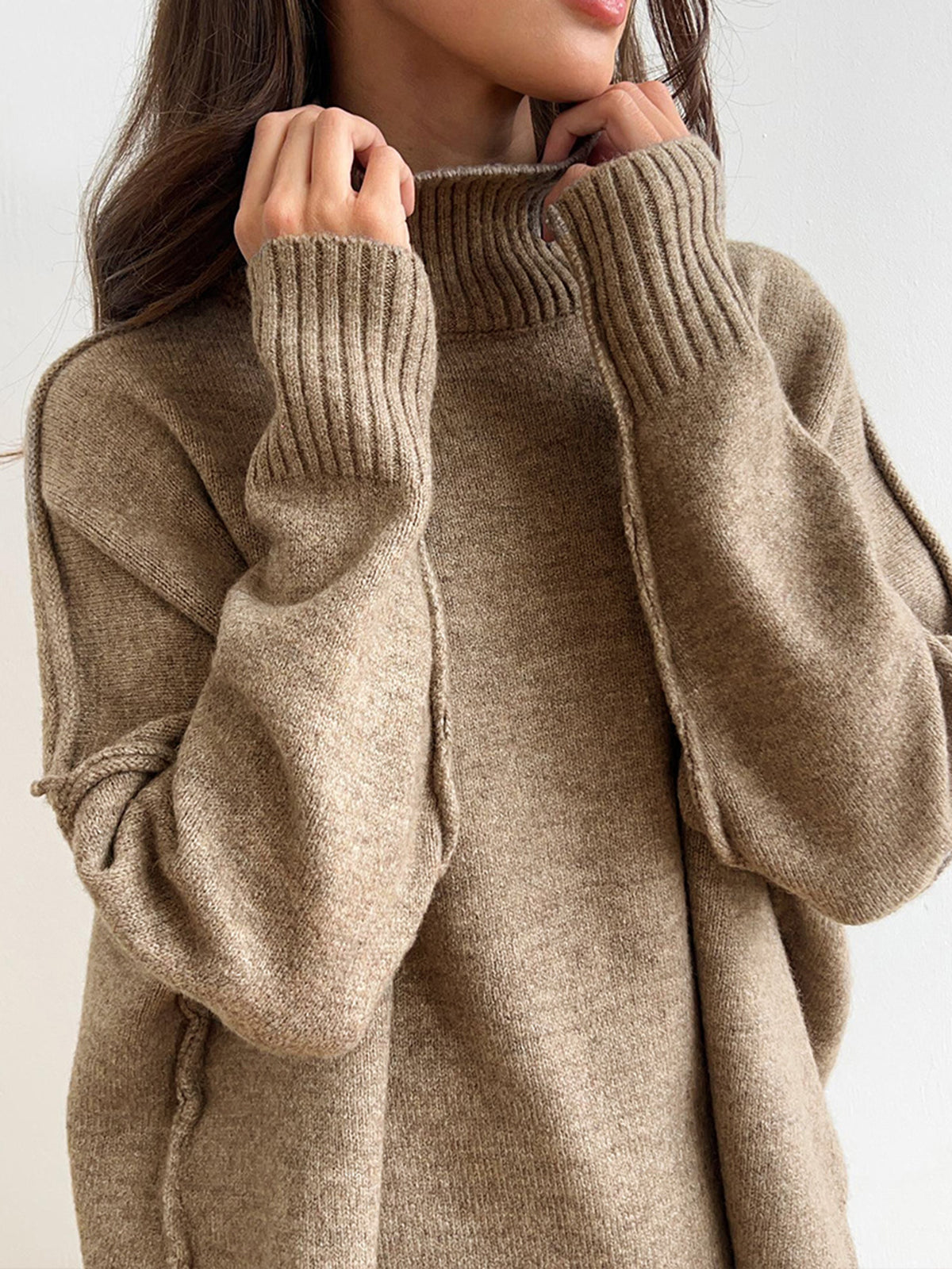 Women's plain turtleneck knit top and wide-leg pants set