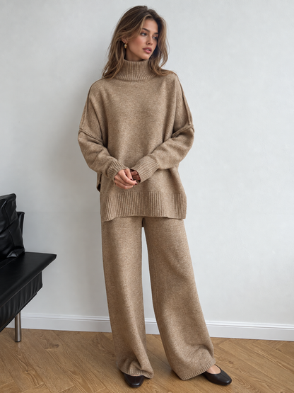 Women's plain turtleneck knit top and wide-leg pants set