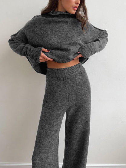 Women's plain turtleneck knit top and wide-leg pants set