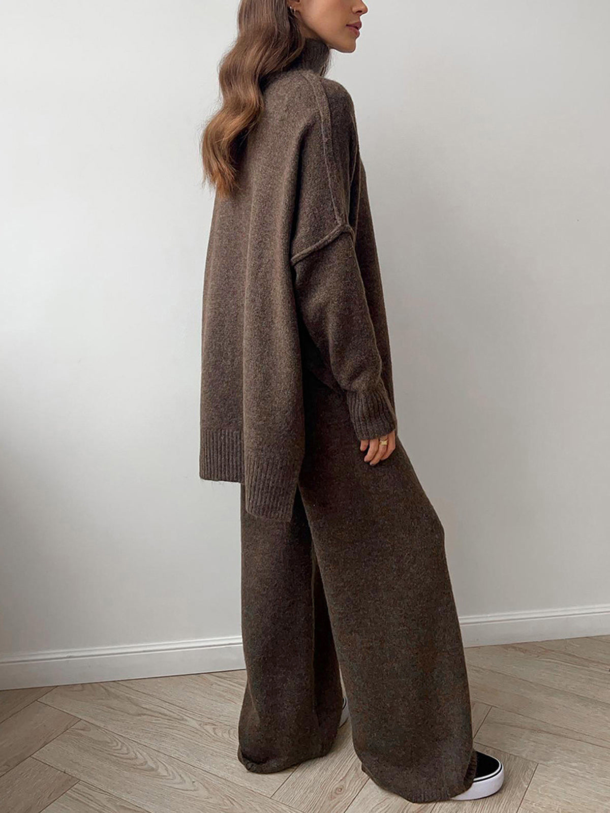 Women's plain turtleneck knit top and wide-leg pants set