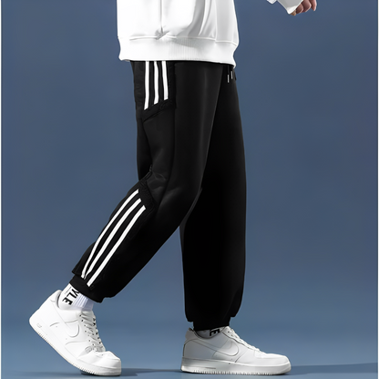 Men's tapered striped jogger pants with drawstring waist and cuffed ankles