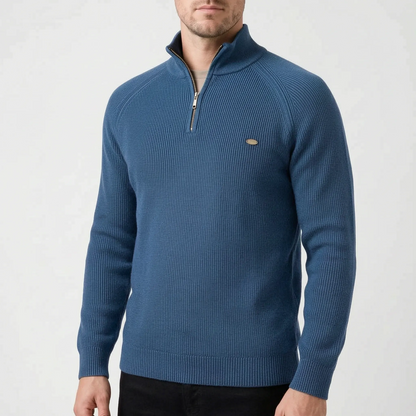 Men's ribbed mock neck sweater with half-zip fastening and long sleeves