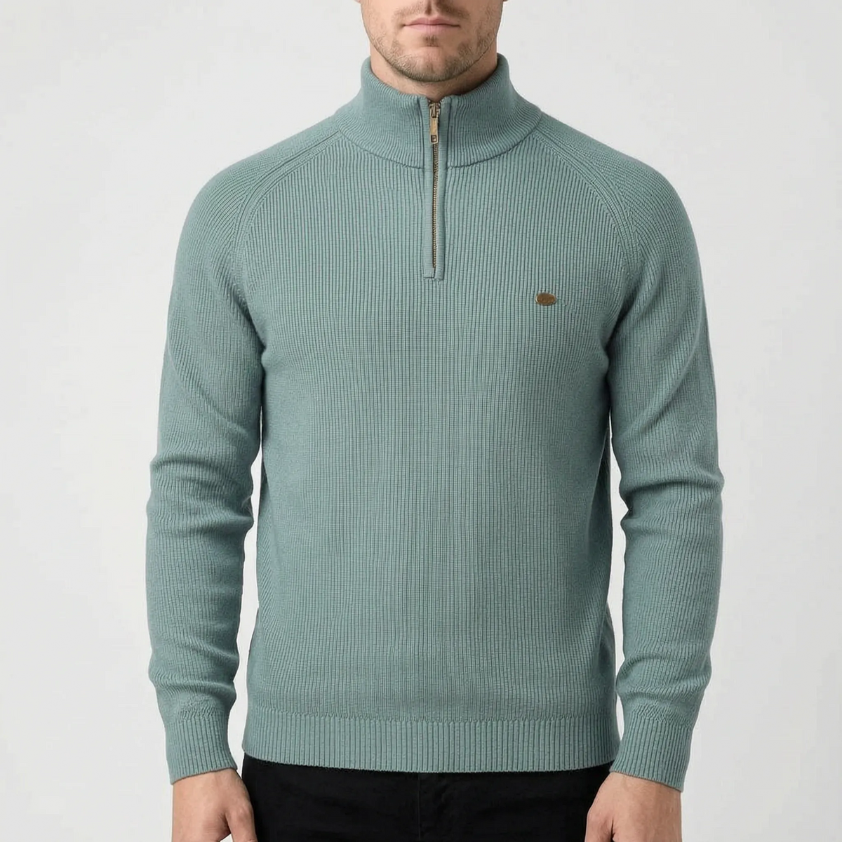 Men's ribbed mock neck sweater with half-zip fastening and long sleeves