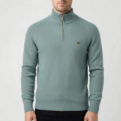 Men's ribbed mock neck sweater with half-zip fastening and long sleeves