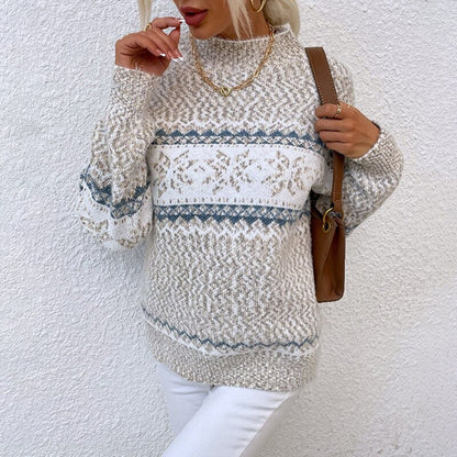 Women's geometric patterned knit sweater with crew neck and long sleeves