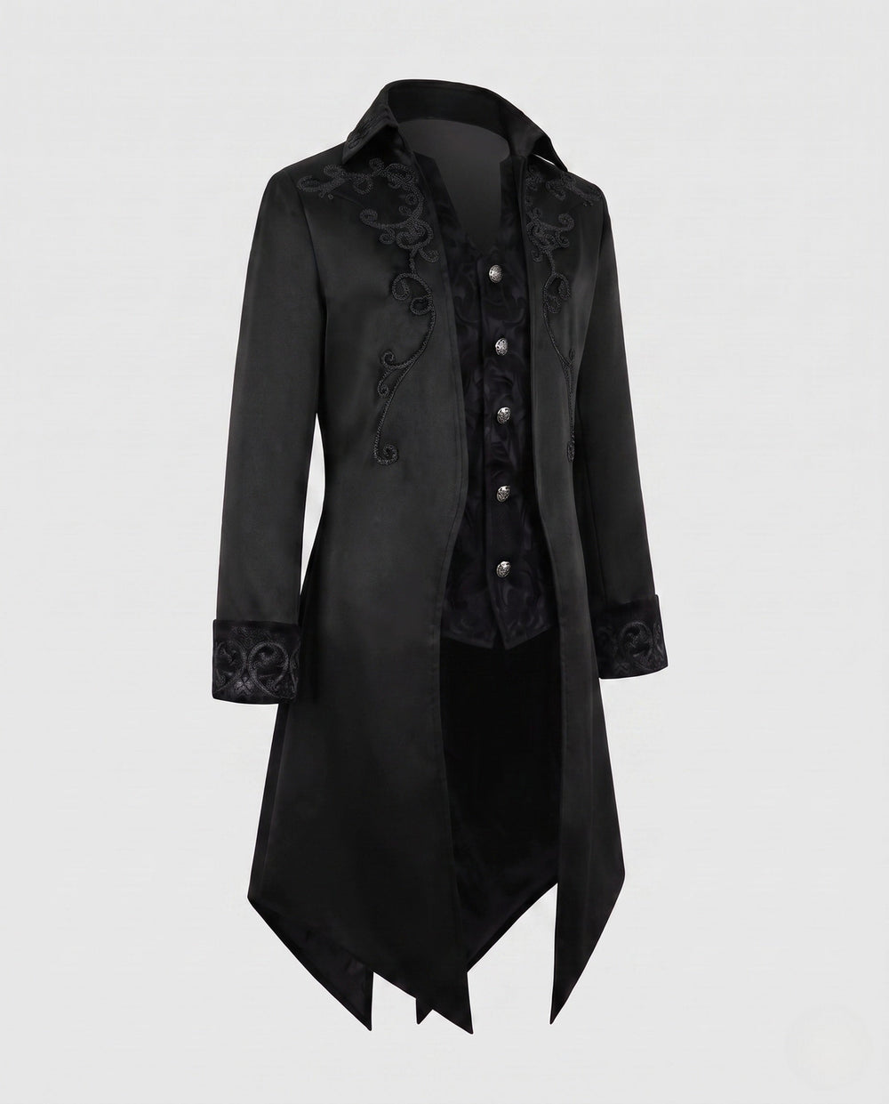 Women's embroidered long tailcoat jacket with raised collar, decorative buttons and pointed tails