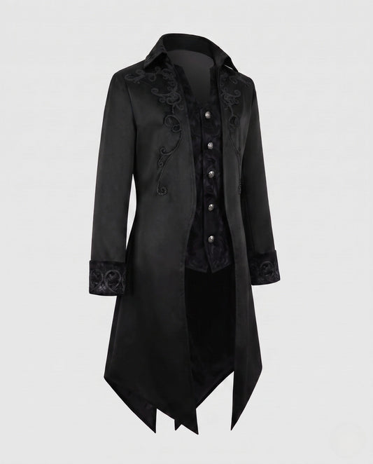 Women's embroidered long tailcoat jacket with raised collar, decorative buttons and pointed tails