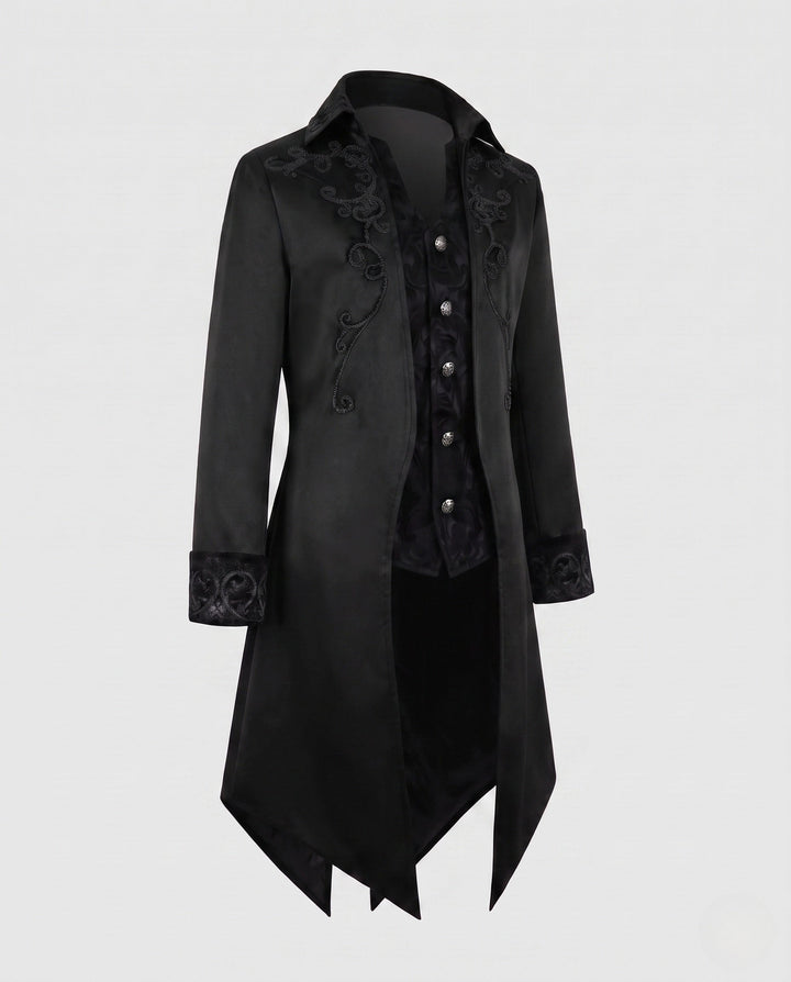 Women's embroidered long tailcoat jacket with raised collar, decorative buttons and pointed tails