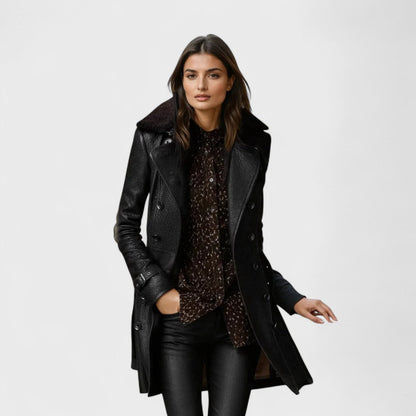 Women's black double-breasted long coat with wide lapels and cuff straps