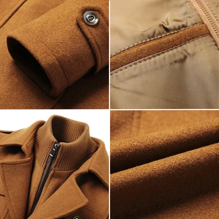 Men's textured stand collar coat with buttons, zip fastening and multiple pockets