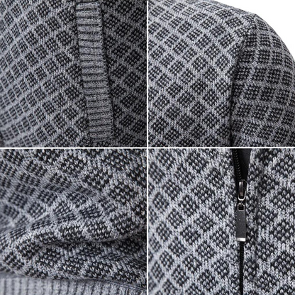 Men's geometric patterned zip-up sweater with stand collar and ribbed trims