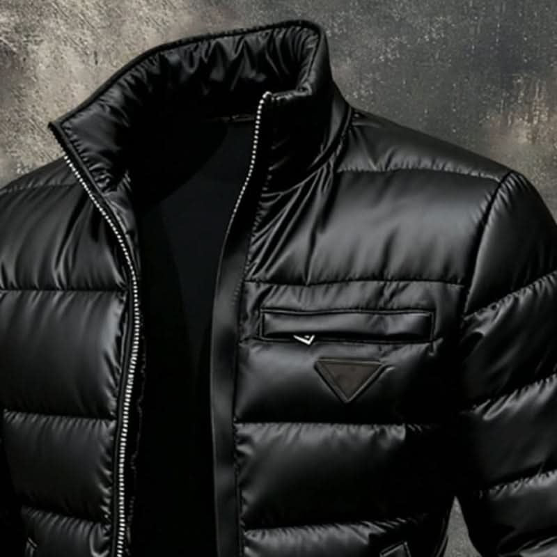Men's black quilted puffer jacket with stand collar and zip front