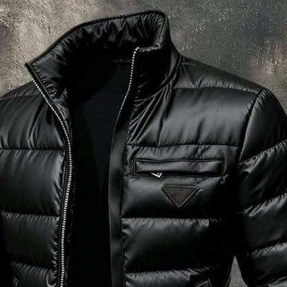 Men's black quilted puffer jacket with stand collar and zip front