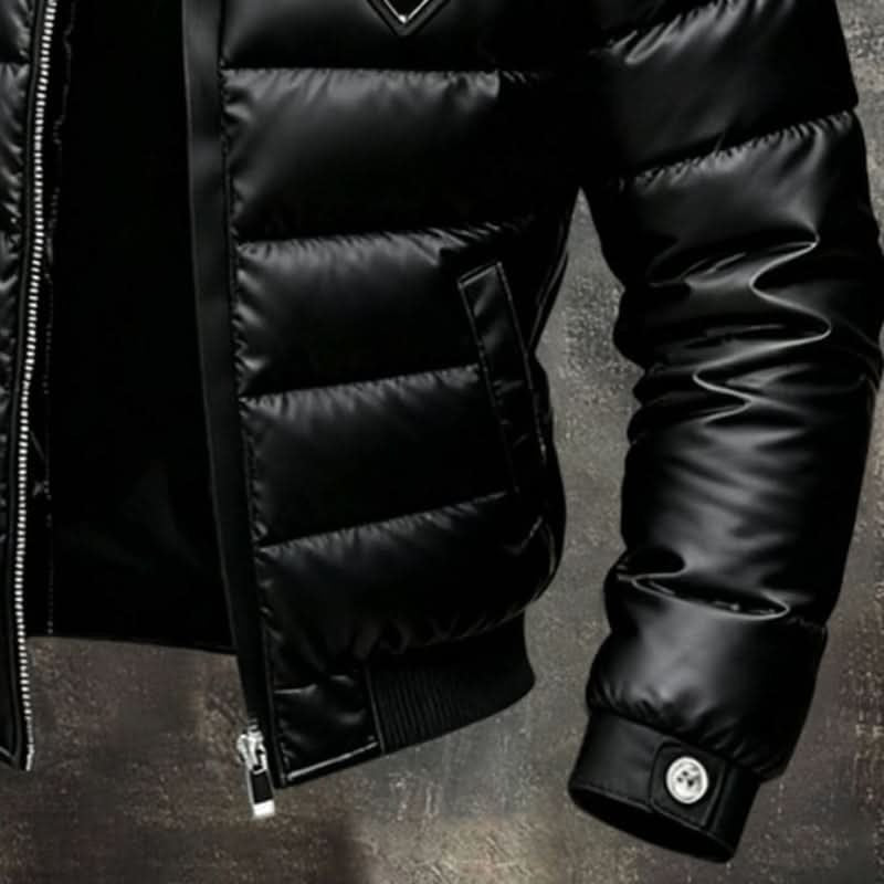Men's black quilted puffer jacket with stand collar and zip front