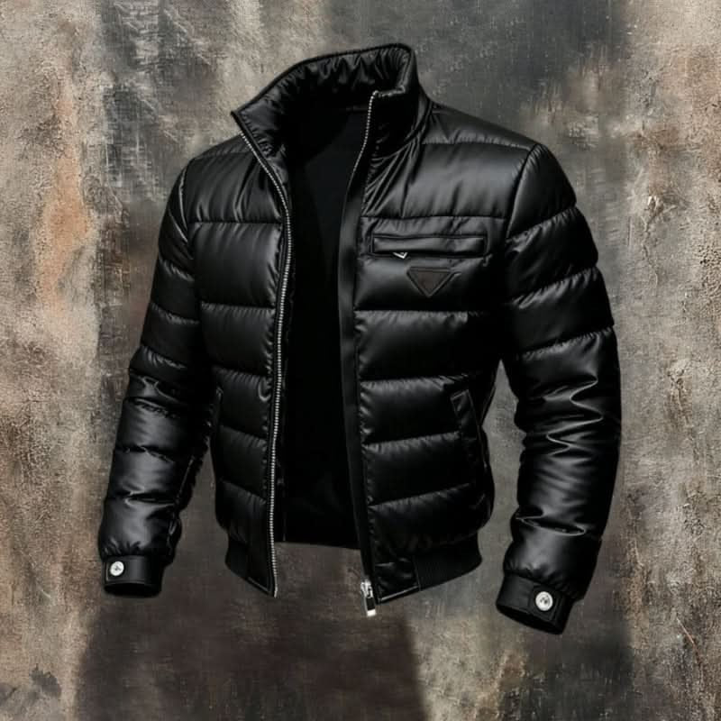 Men's black quilted puffer jacket with stand collar and zip front