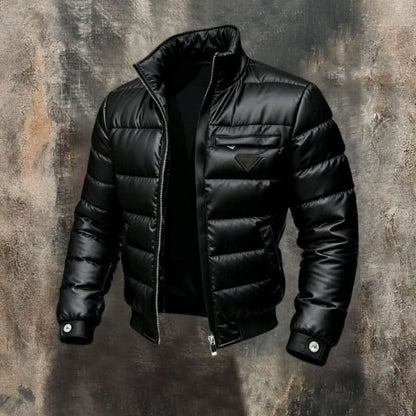 Men's black quilted puffer jacket with stand collar and zip front