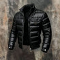 Men's black quilted puffer jacket with stand collar and zip front