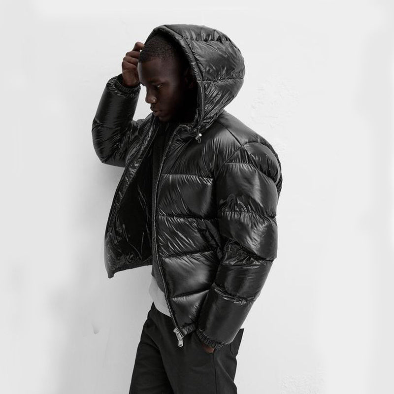 Men's hooded quilted puffer jacket with long sleeves and front zipper
