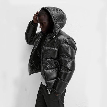Men's hooded quilted puffer jacket with long sleeves and front zipper
