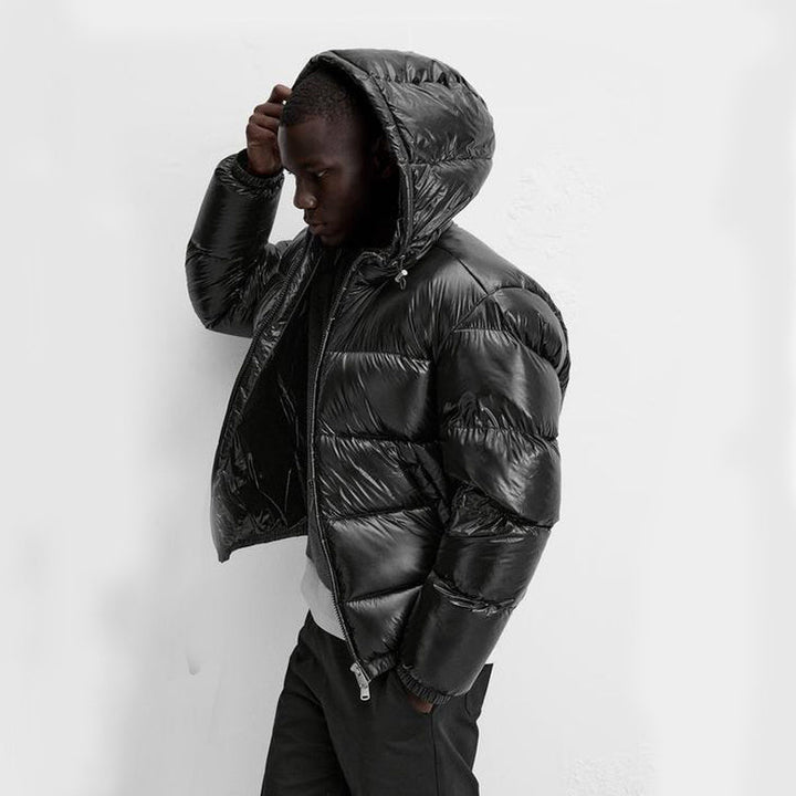 Men's hooded quilted puffer jacket with long sleeves and front zipper