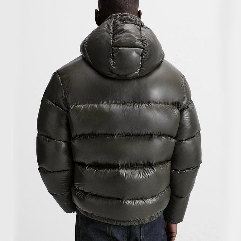 Men's hooded quilted puffer jacket with long sleeves and front zipper