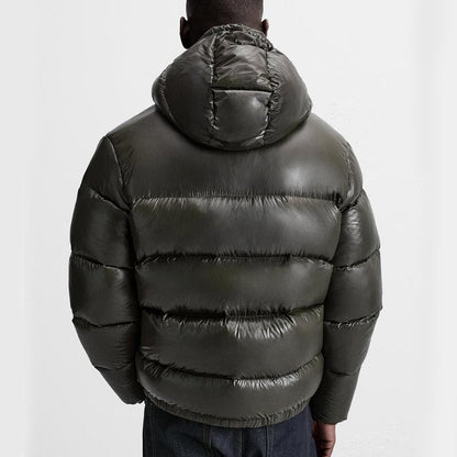 Men's hooded quilted puffer jacket with long sleeves and front zipper