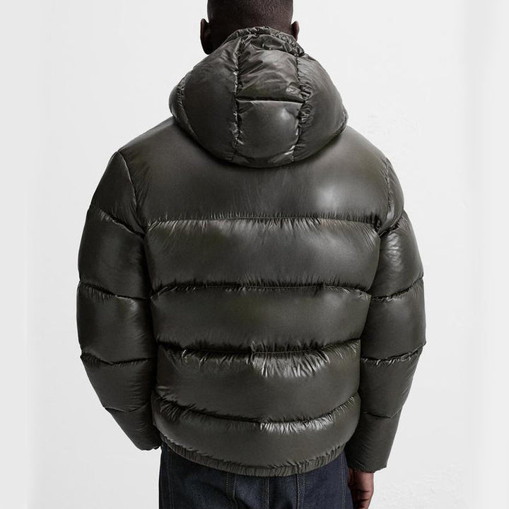 Men's hooded quilted puffer jacket with long sleeves and front zipper