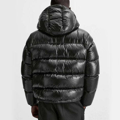Men's hooded quilted puffer jacket with long sleeves and front zipper