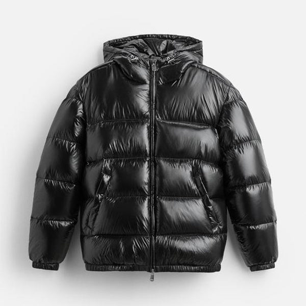 Men's hooded quilted puffer jacket with long sleeves and front zipper