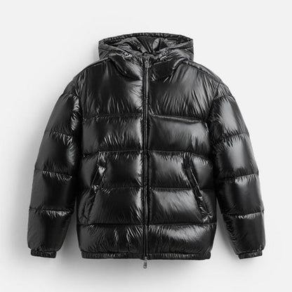 Men's hooded quilted puffer jacket with long sleeves and front zipper