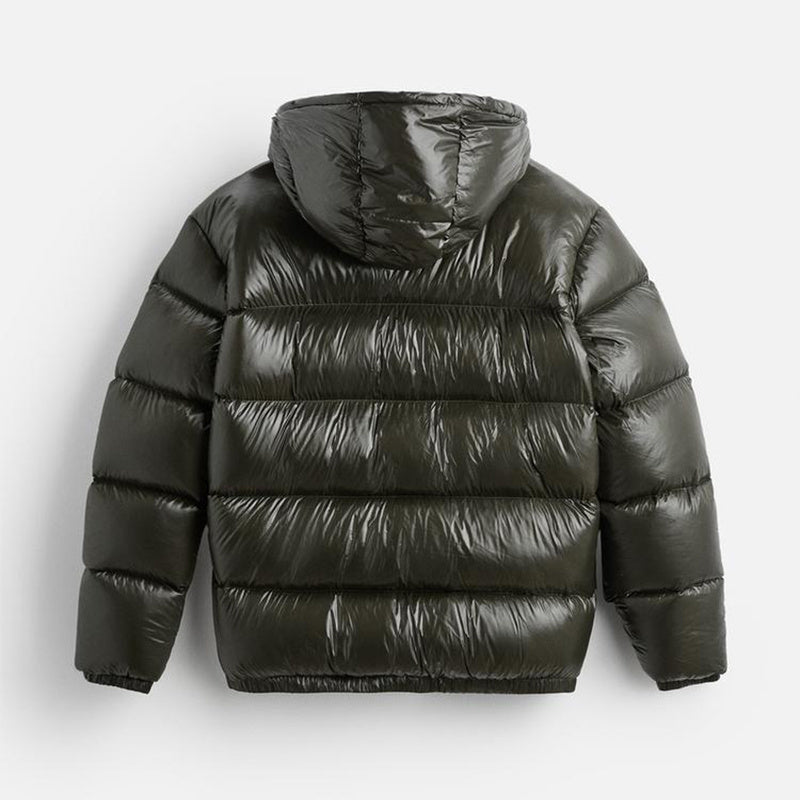 Men's hooded quilted puffer jacket with long sleeves and front zipper