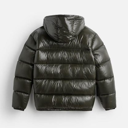 Men's hooded quilted puffer jacket with long sleeves and front zipper