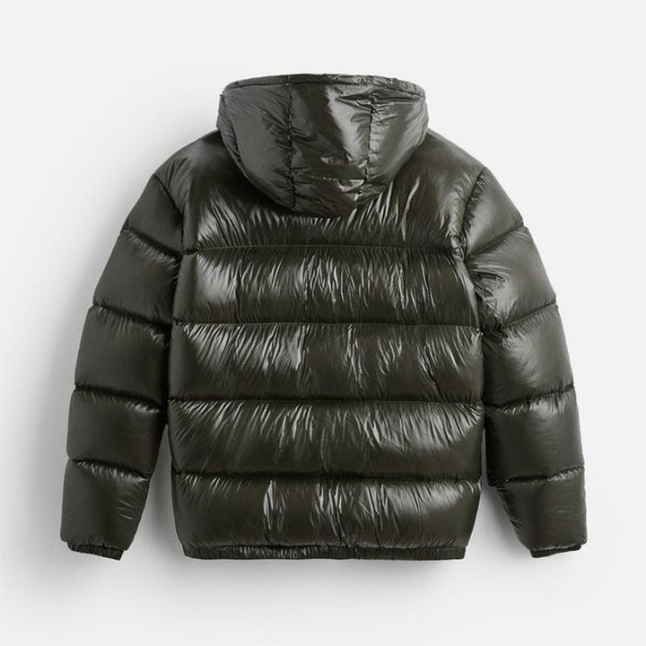 Men's hooded quilted puffer jacket with long sleeves and front zipper