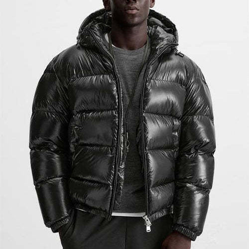 Men's hooded quilted puffer jacket with long sleeves and front zipper