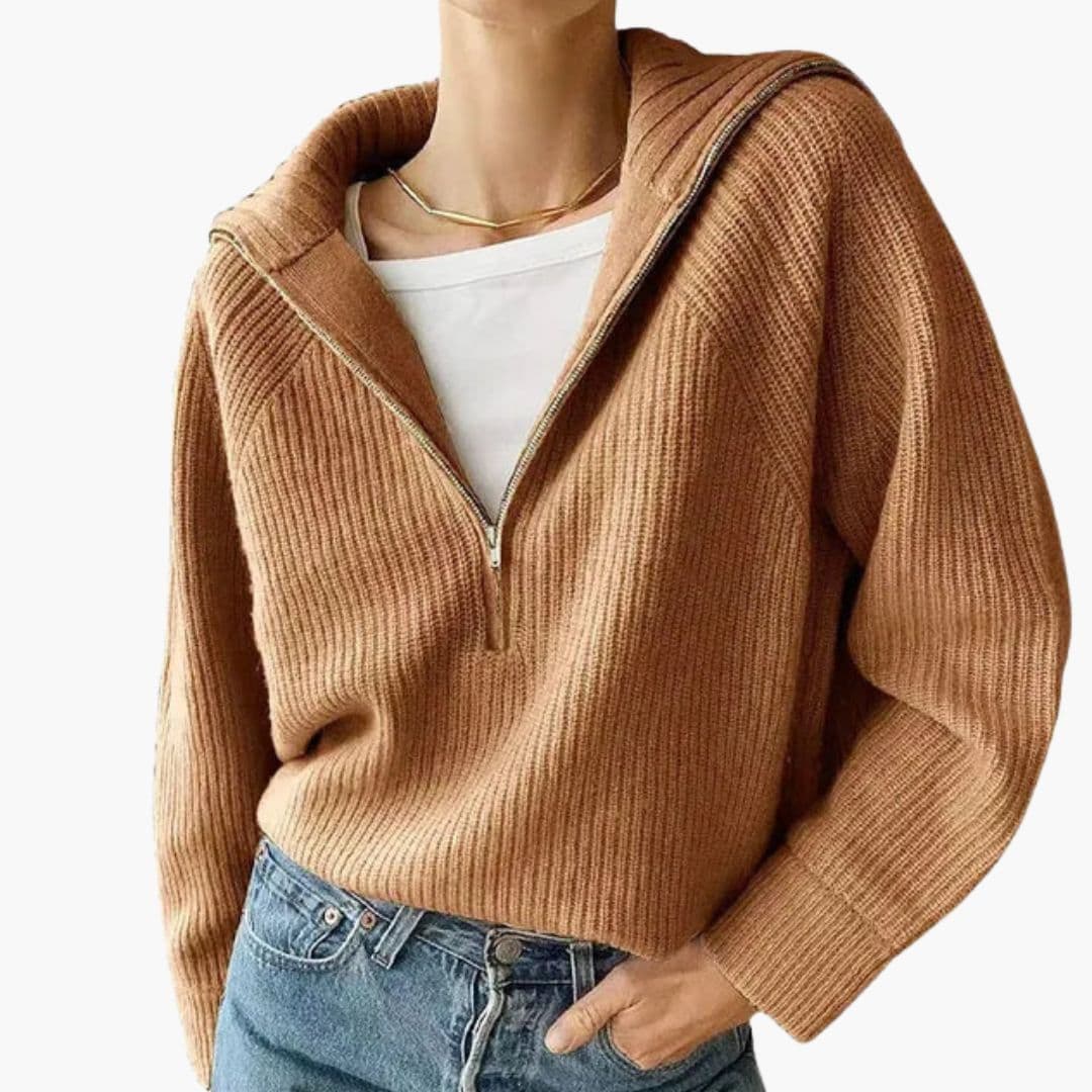 Women's ribbed hooded sweater with half-zip front