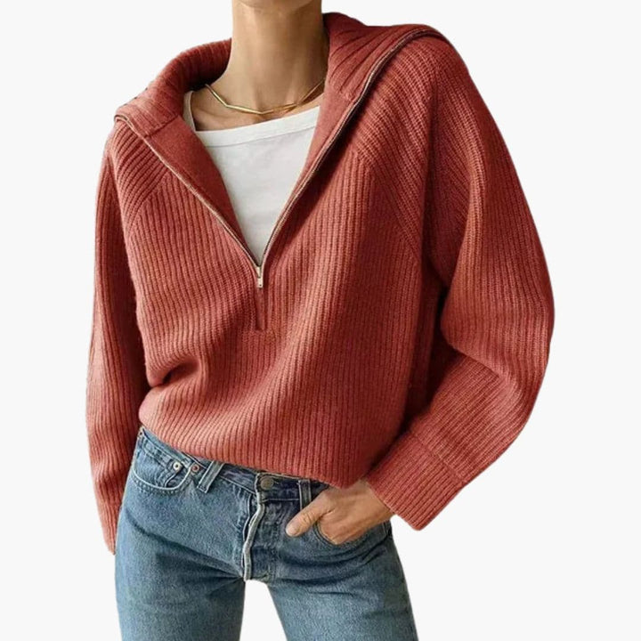 Women's ribbed hooded sweater with half-zip front