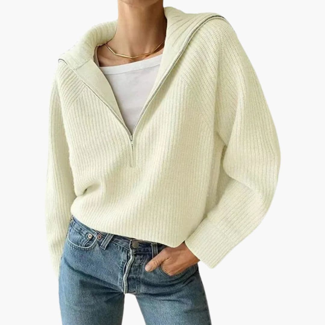 Women's ribbed hooded sweater with half-zip front