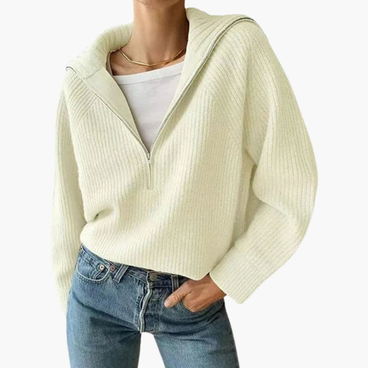 Women's ribbed hooded sweater with half-zip front