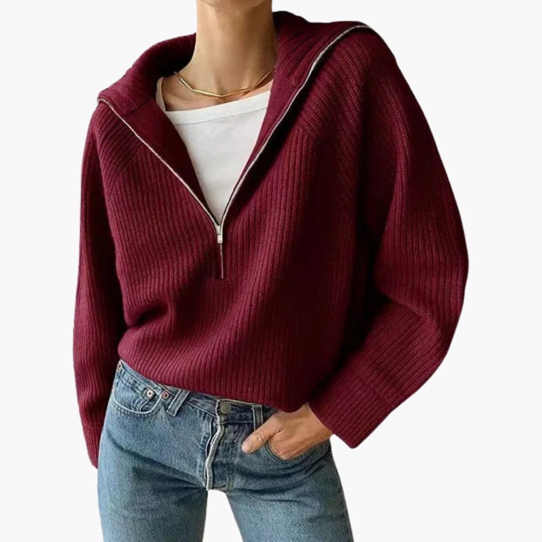 Women's ribbed hooded sweater with half-zip front