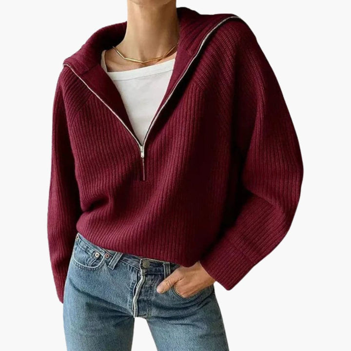Women's ribbed hooded sweater with half-zip front