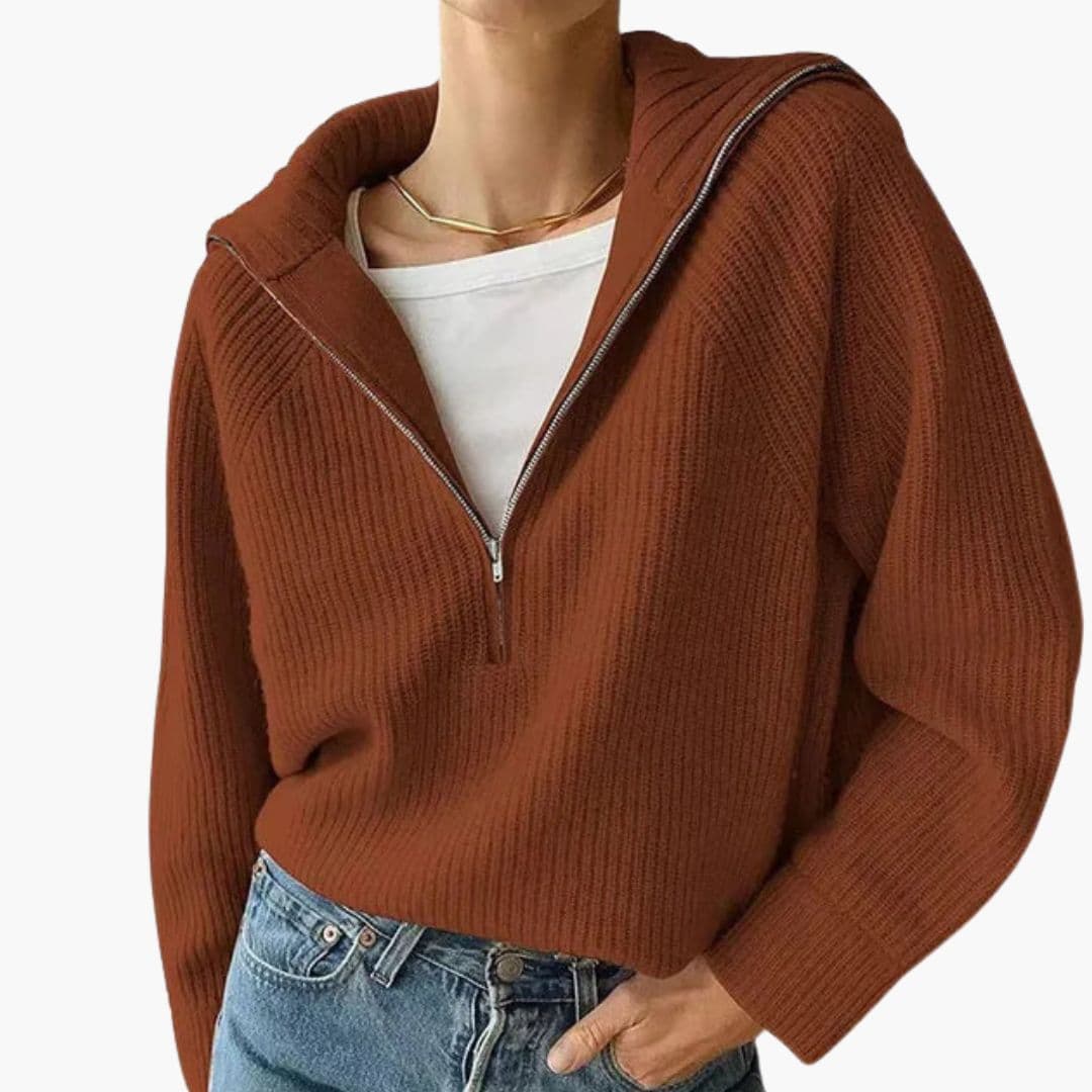 Women's ribbed hooded sweater with half-zip front