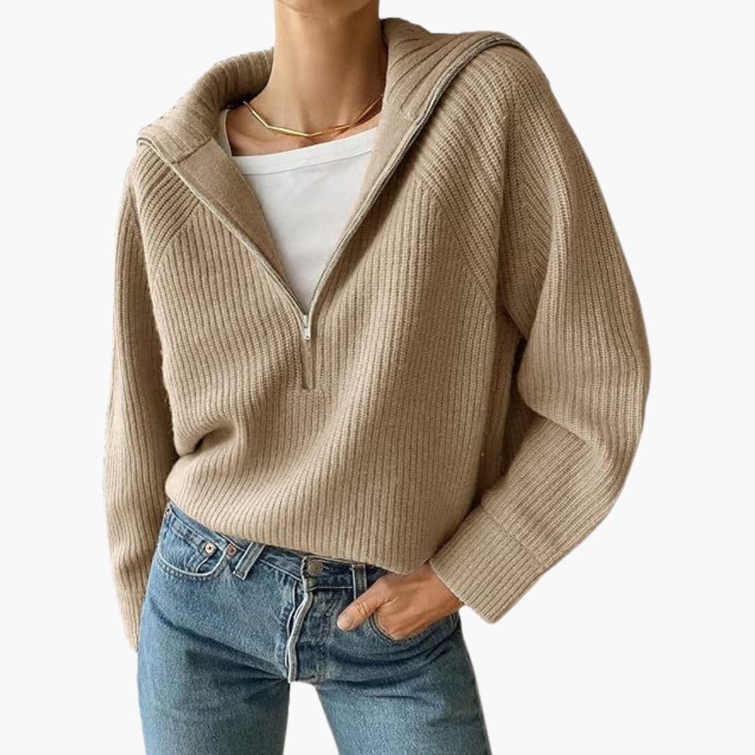 Women's ribbed hooded sweater with half-zip front