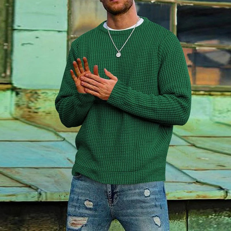 Men's long-sleeve waffle knit crew neck sweater