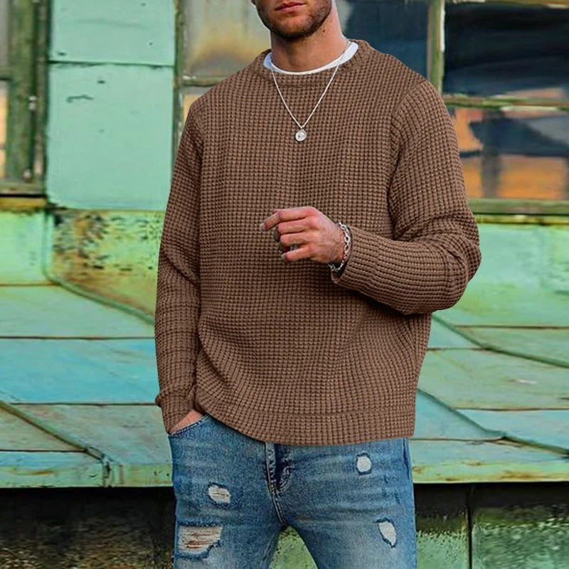 Men's long-sleeve waffle knit crew neck sweater