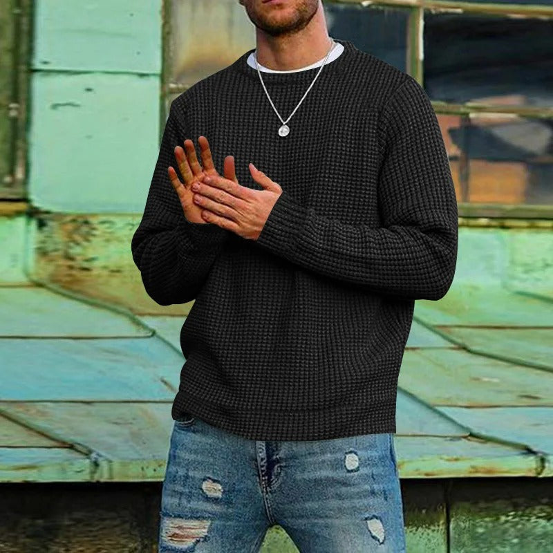 Men's long-sleeve waffle knit crew neck sweater