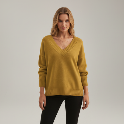 Women's V-neck pullover sweater with long sleeves and ribbed trim