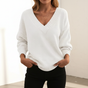 Women's V-neck pullover sweater with long sleeves and ribbed trim