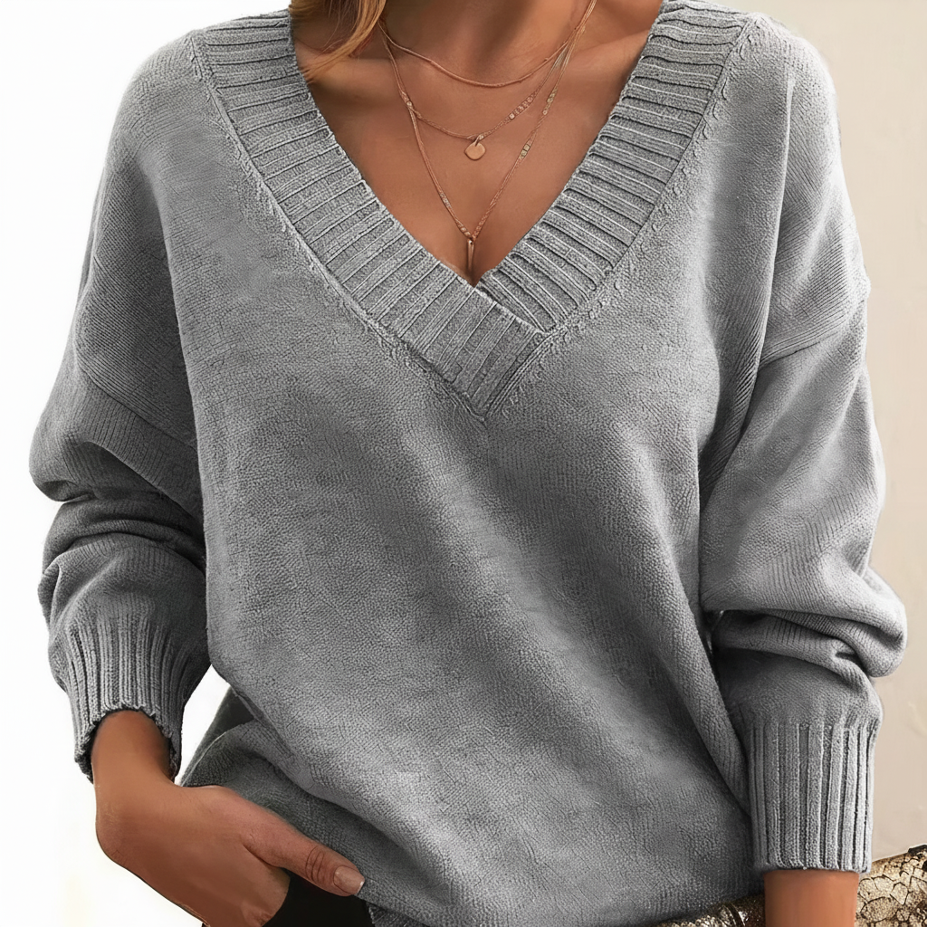 Women's V-neck pullover sweater with long sleeves and ribbed trim
