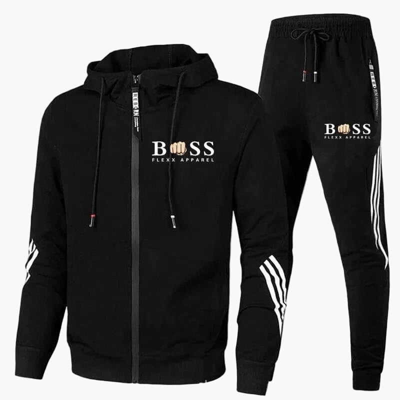 Men's hooded tracksuit set with zip jacket, tapered trousers and contrast stripes